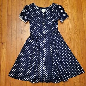 Rare Editions Navy Blue White 12 0Square Dot Midi Dress Retro‎ Coquette Academia